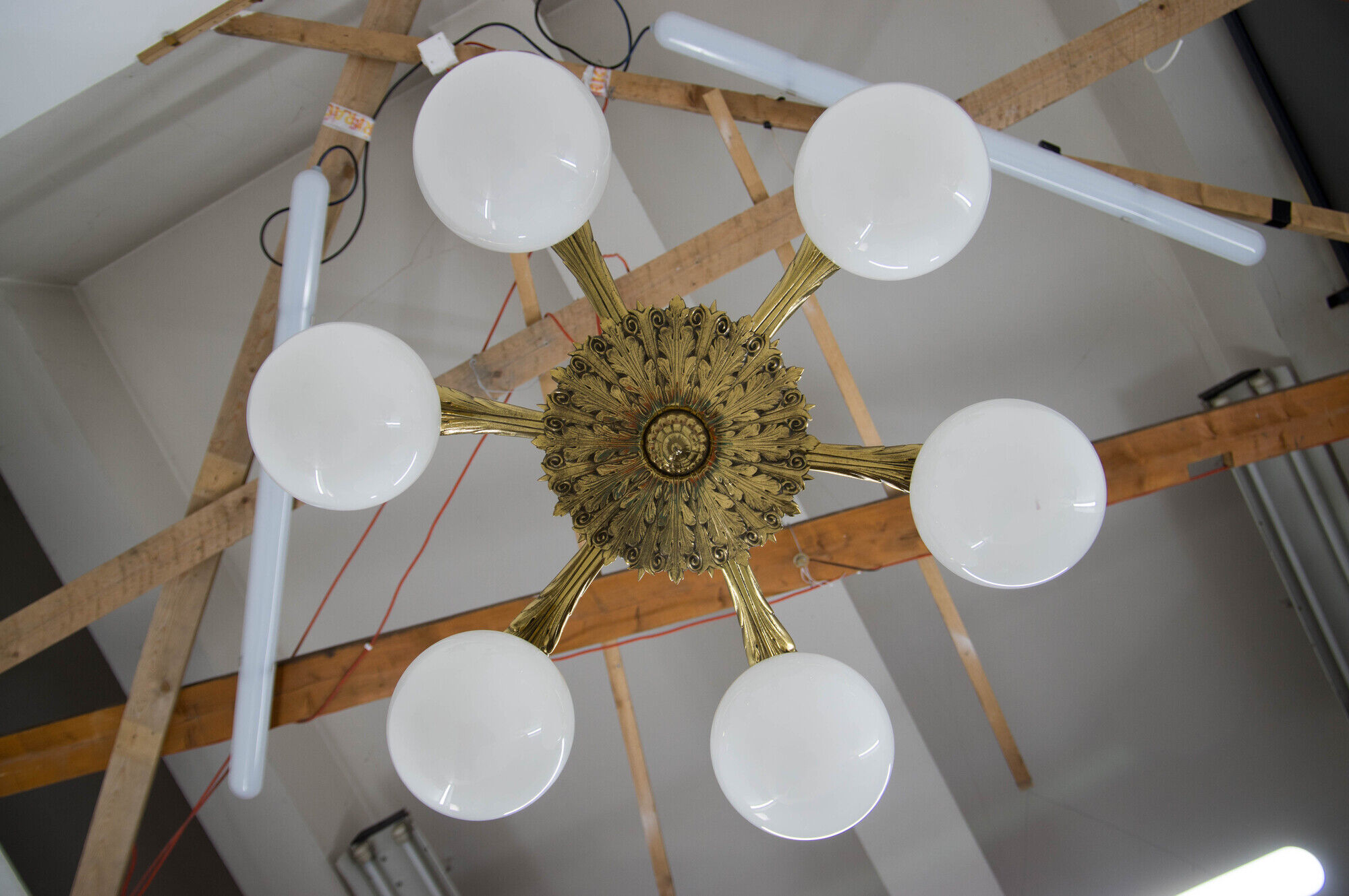 Art nouveau brass and glass chandelier