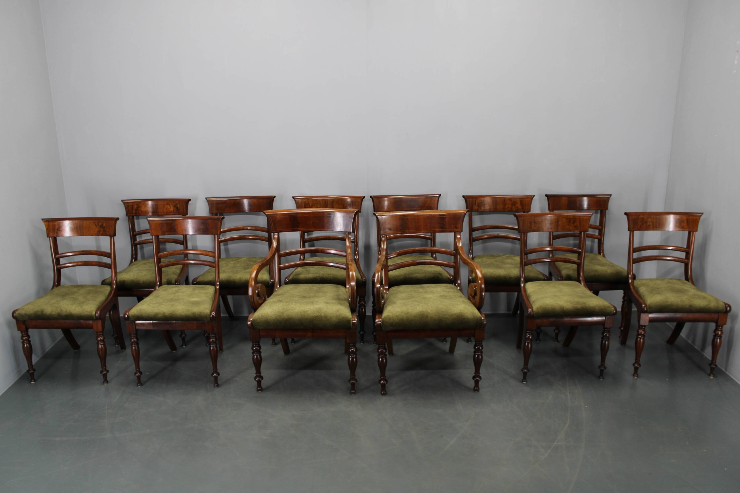 French Art Deco walnut dining chair set with armchairs, France 1930s