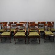 French Art Deco walnut dining chair set with armchairs, France 1930s