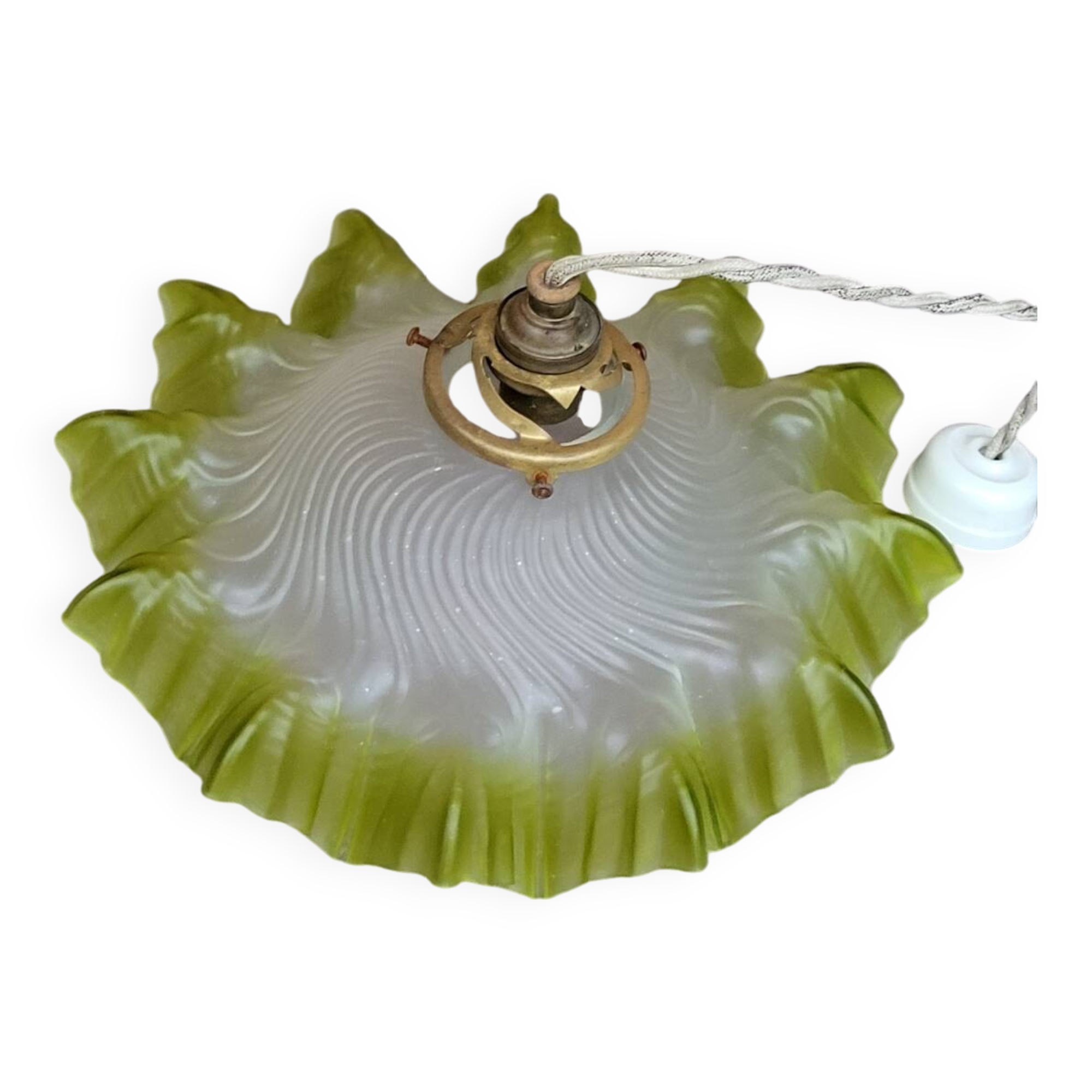 Pleated Frosted Glass Lampshade with Green Ouraline Border, 19th Century