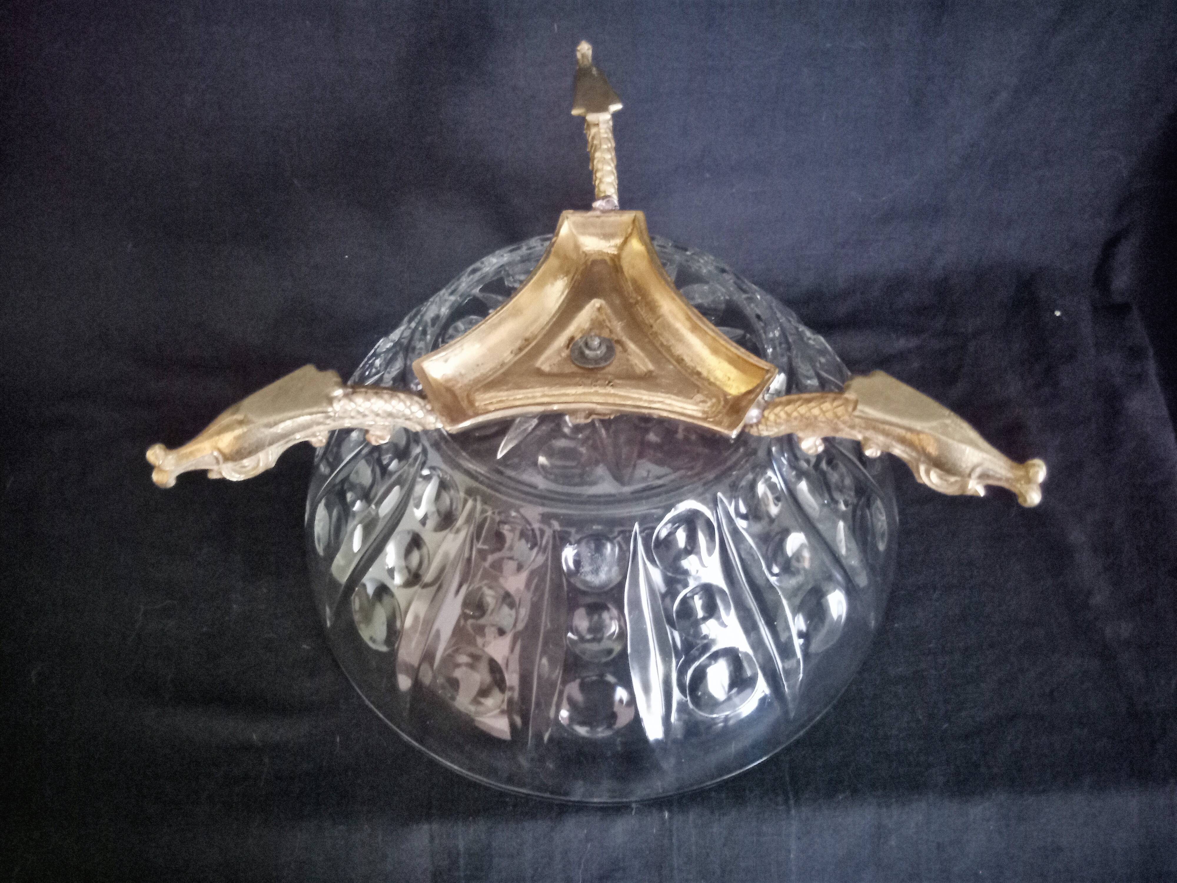 Glass centerpiece, bronze base in the shape of fish