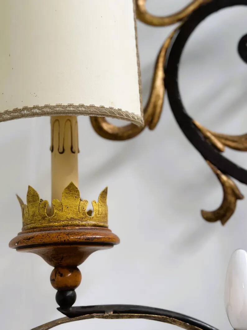 Vintage Florentine Wall Sconce XL in Forged Iron and Painted Sheet Metal – Black and Gold, 1970s
