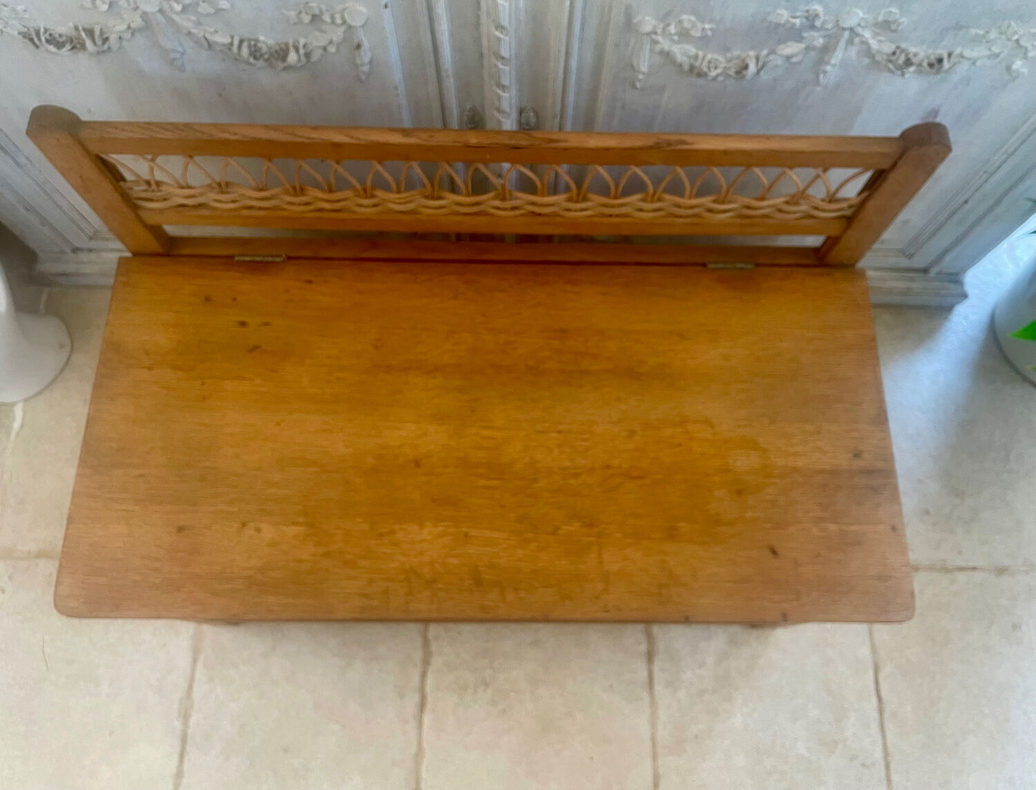 Wooden and rattan toy chest bench