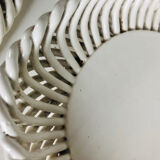 Covered basket in woven ceramic and fruit slip.