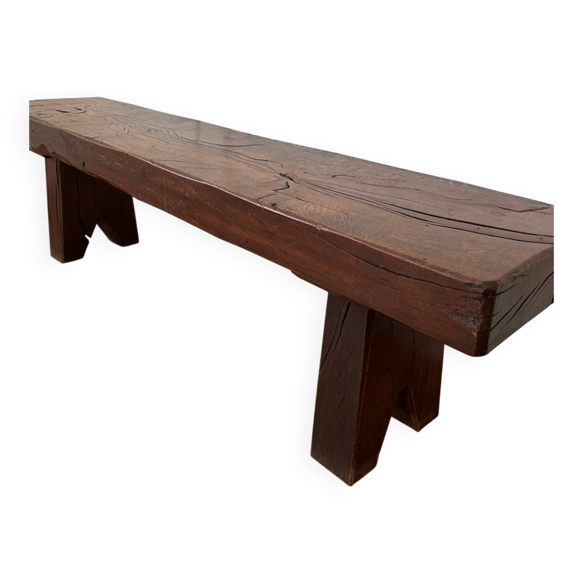 Brutalist Folk Art Bench Solid Oak