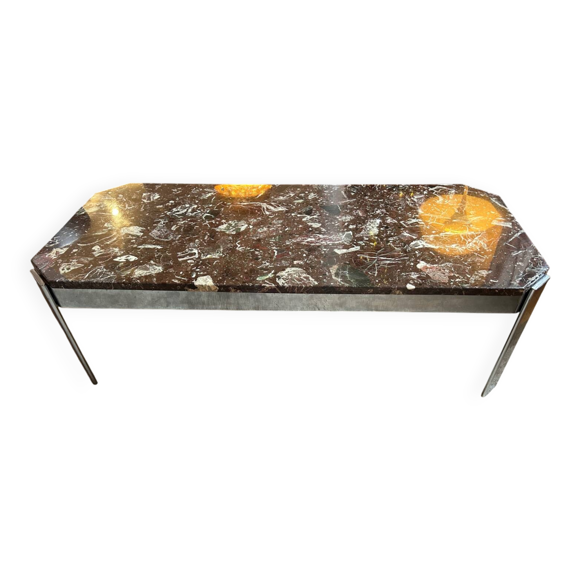 1970s coffee table in Breccia marble and chrome