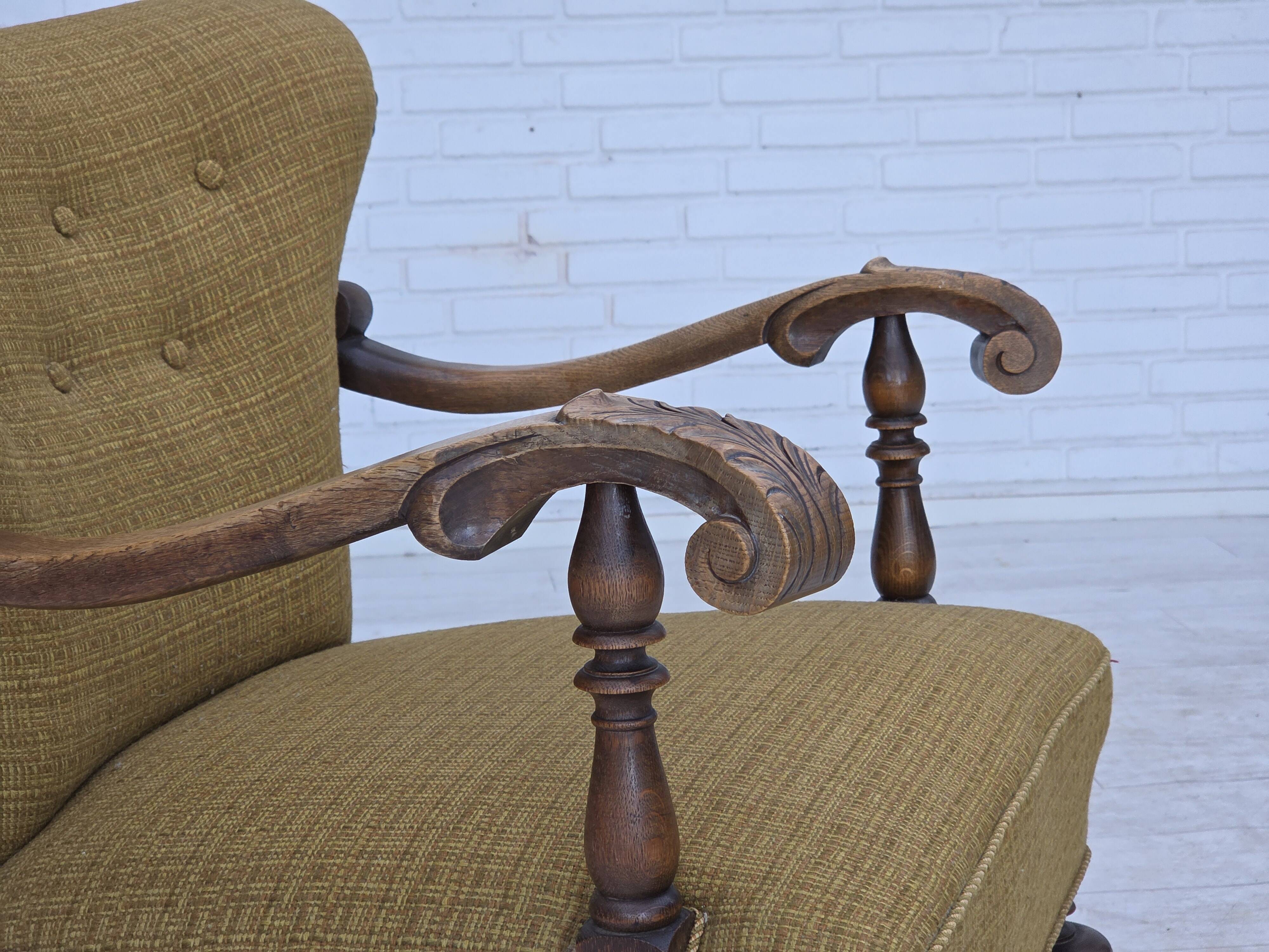 1960s, Danish armchair, original green furniture wool, carved oak wood,
