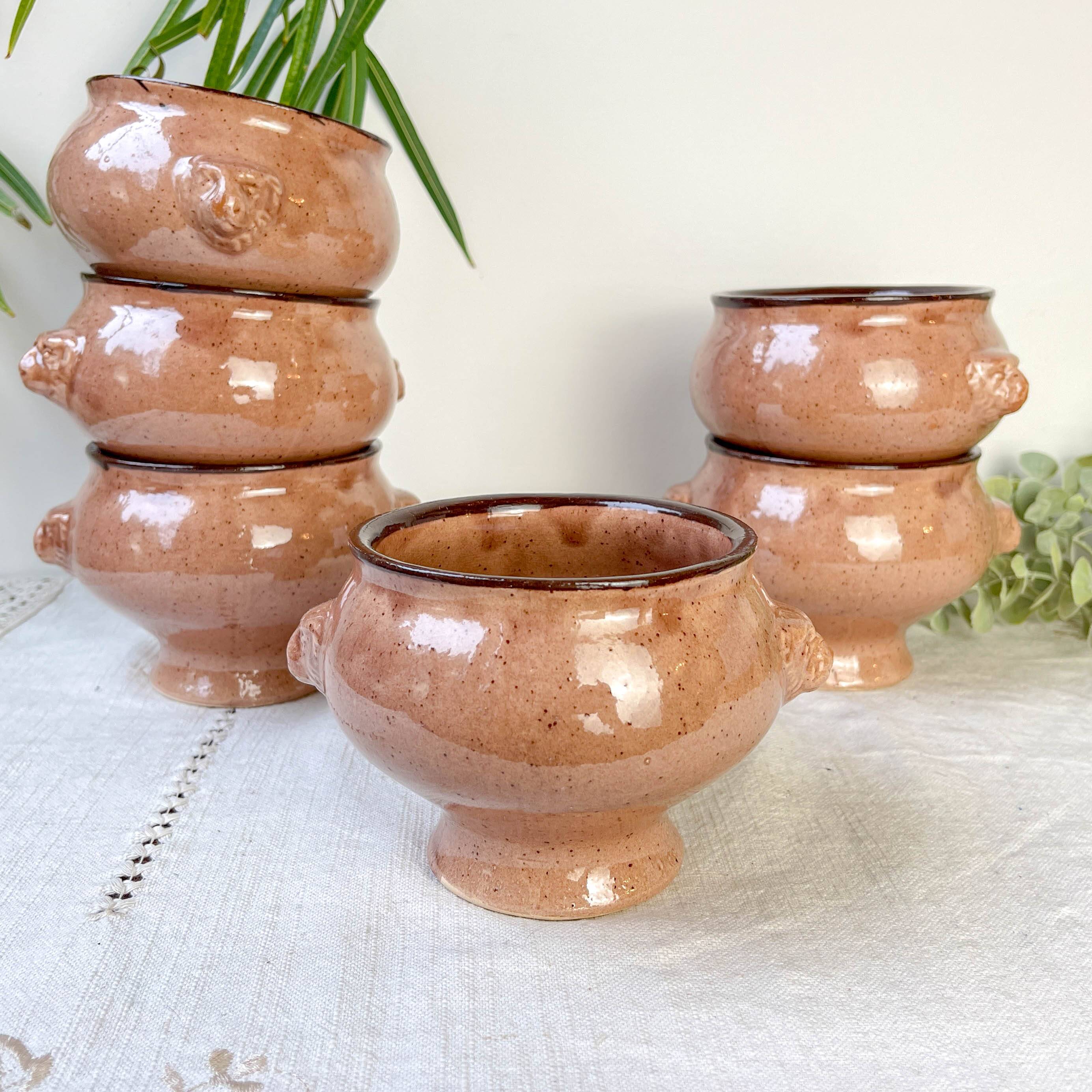 6 Vintage Emile Henry Ceramic Lion Head Onion Soup Bowls