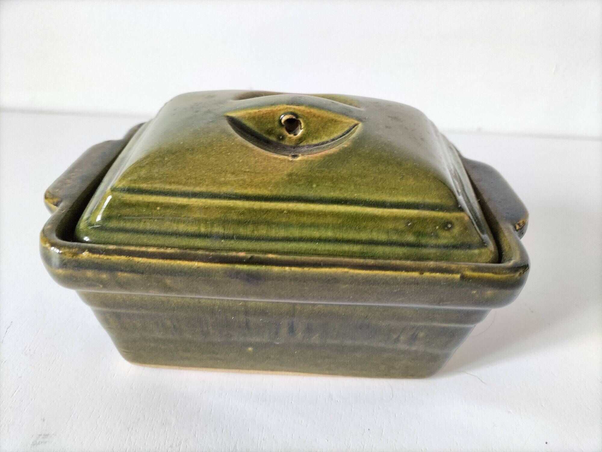 Small terrine in olive green glazed earthenware