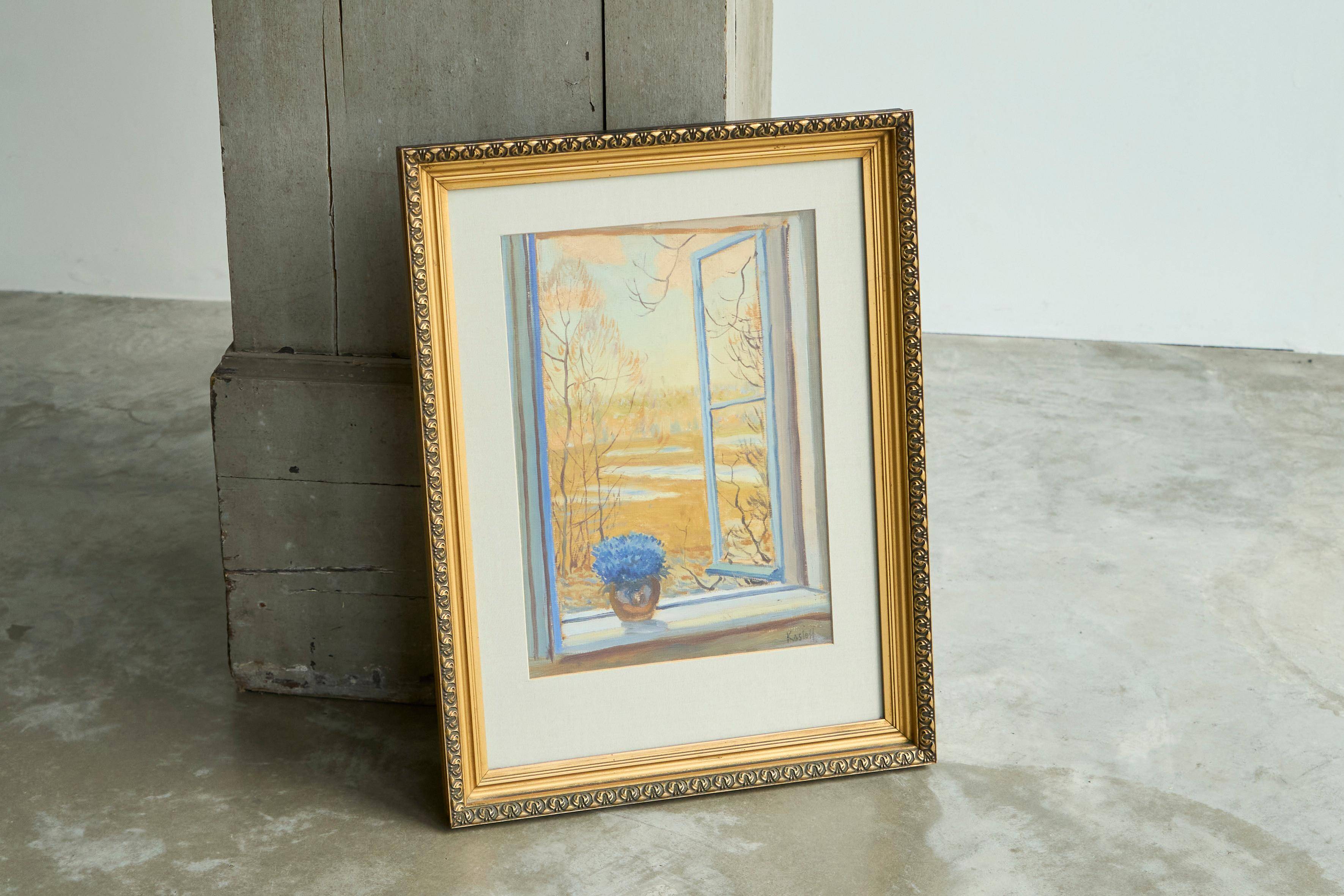 Painting of an open window with flowers, Belgium early 20th century.