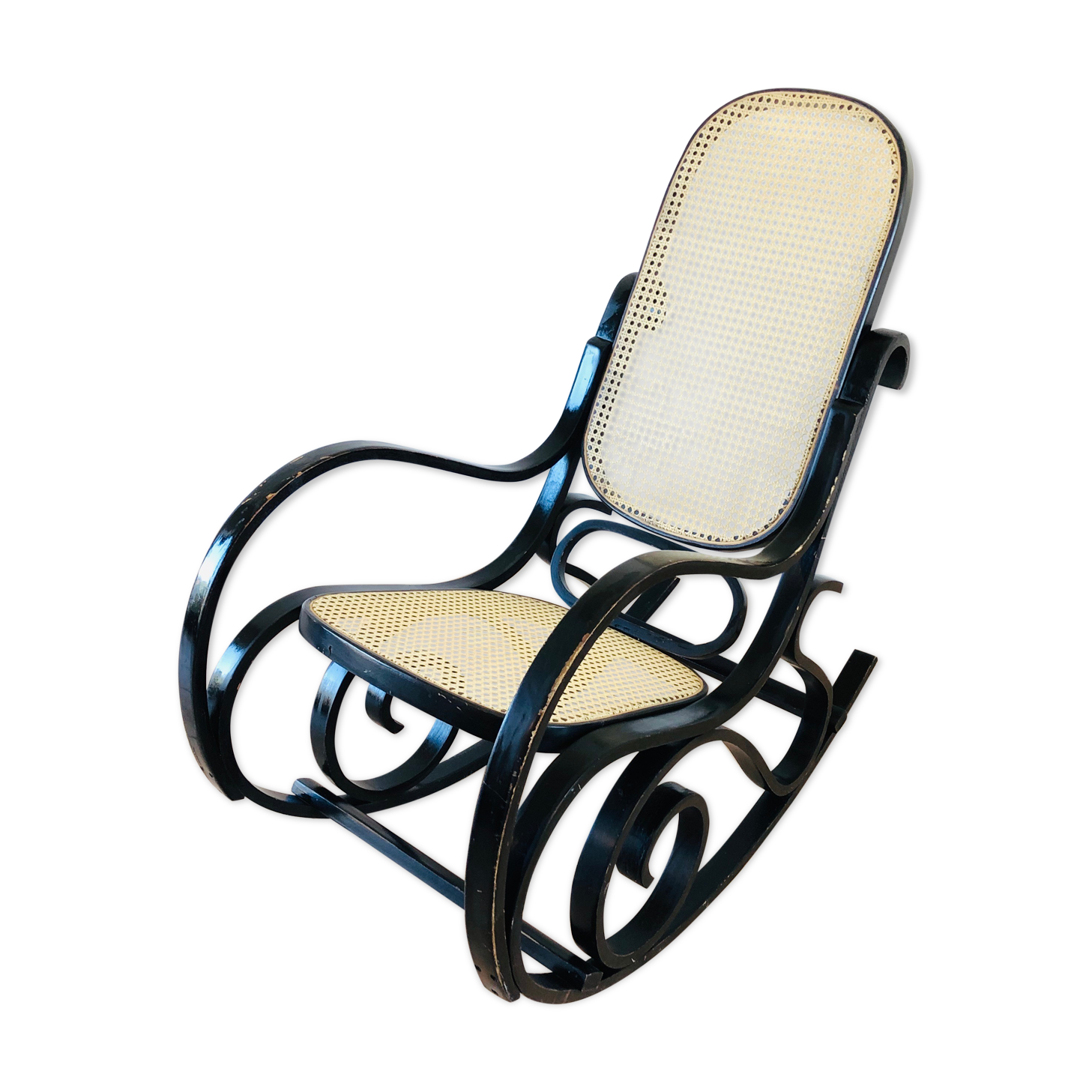 Rocking-chair vintage en bois courbé et cannage 1960
