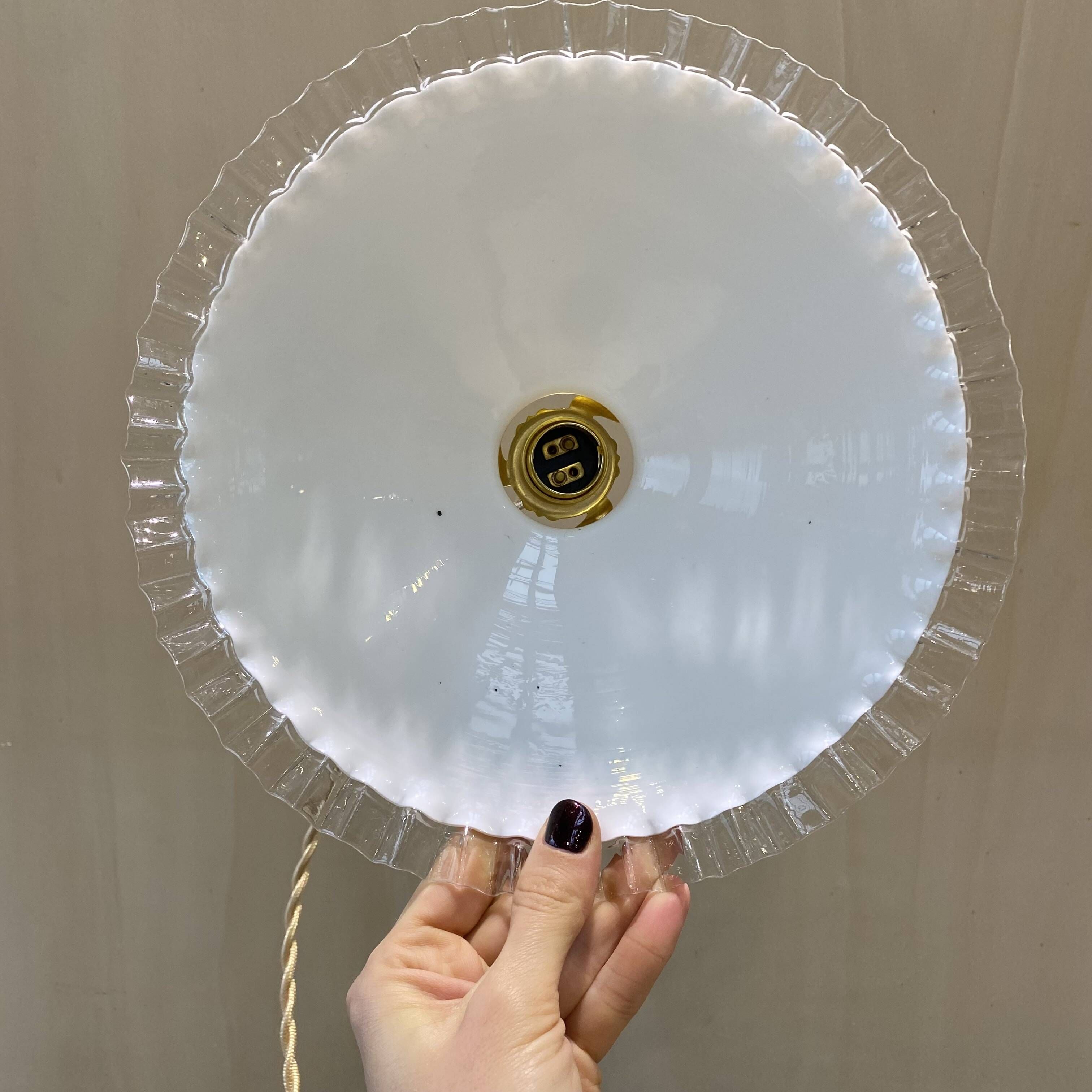 Pair of vintage pendant lights in opaline and transparent serrated edges