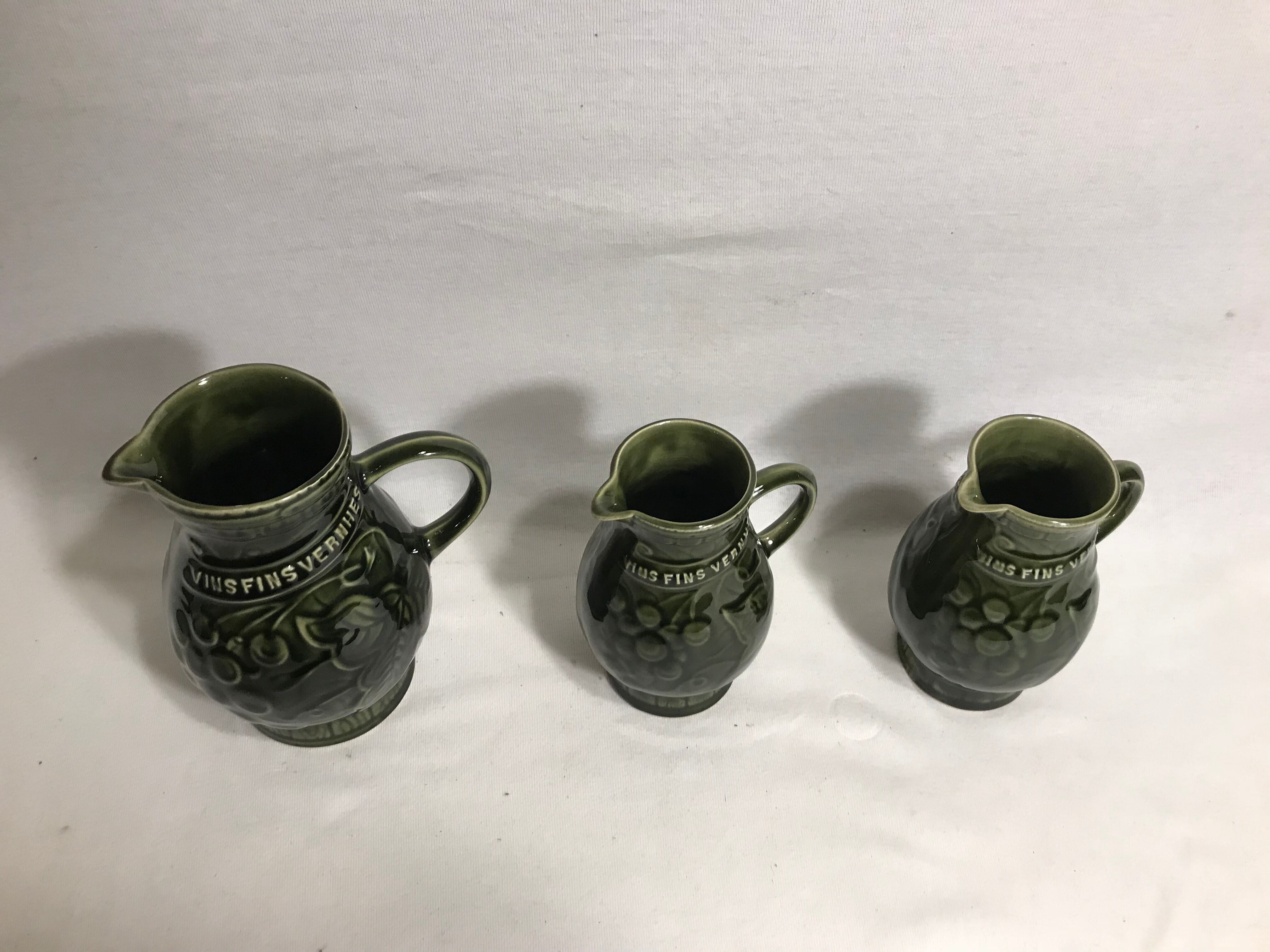 Lot 3 old pitcher SARREGUEMINES FRANCE ceramic green kitchen Vintage