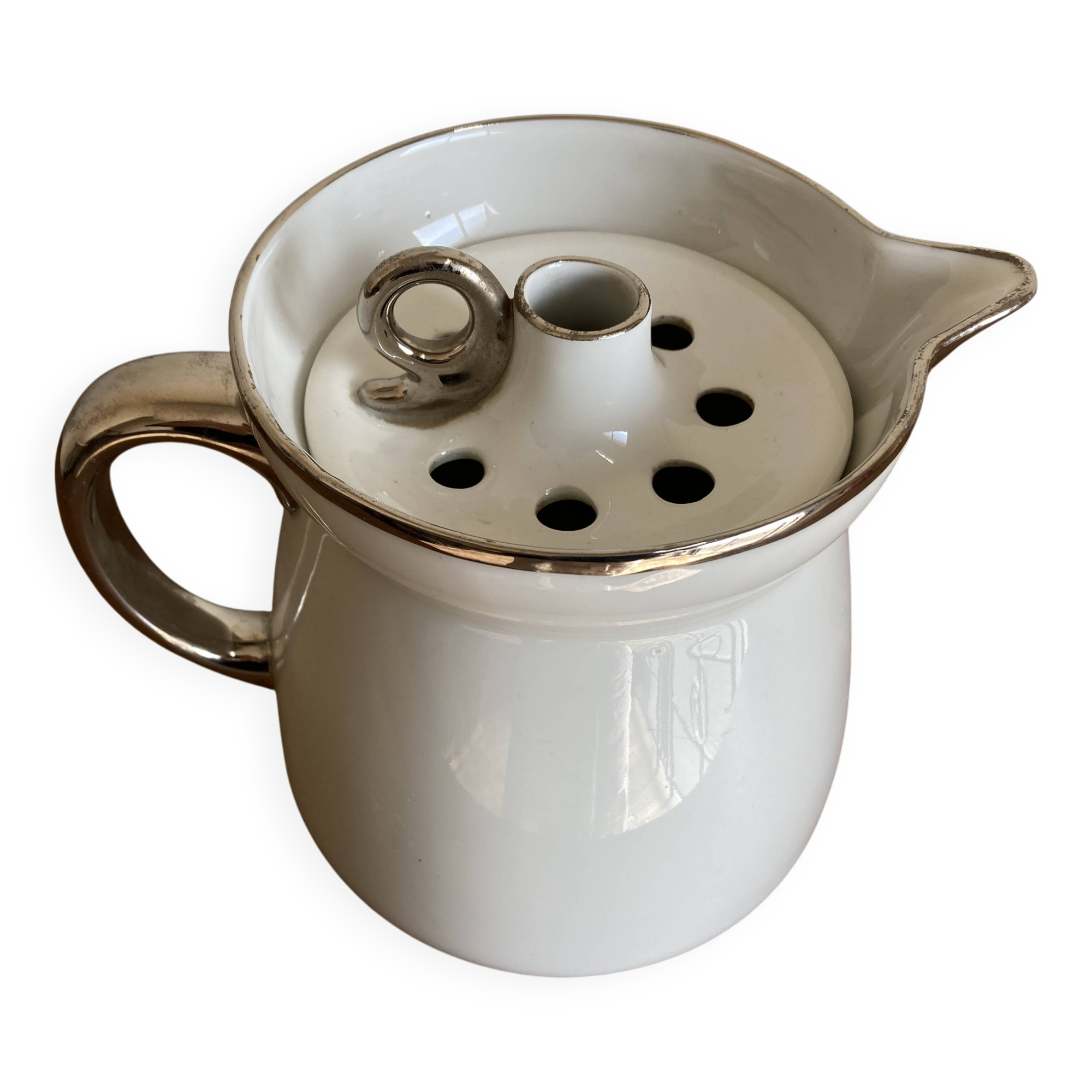 XXL modernist flowerpot pitcher vase in platinum and white porcelain