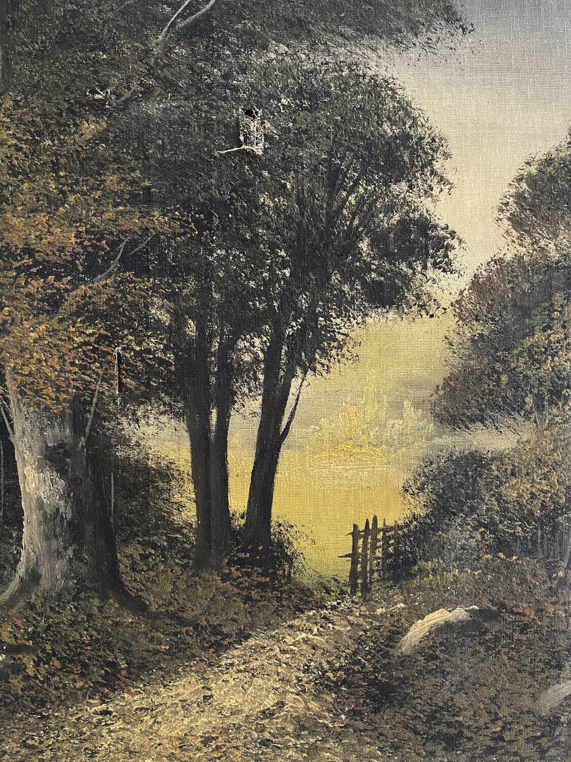 Old oil painting on canvas of a forest landscape.