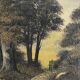 Old oil painting on canvas of a forest landscape.
