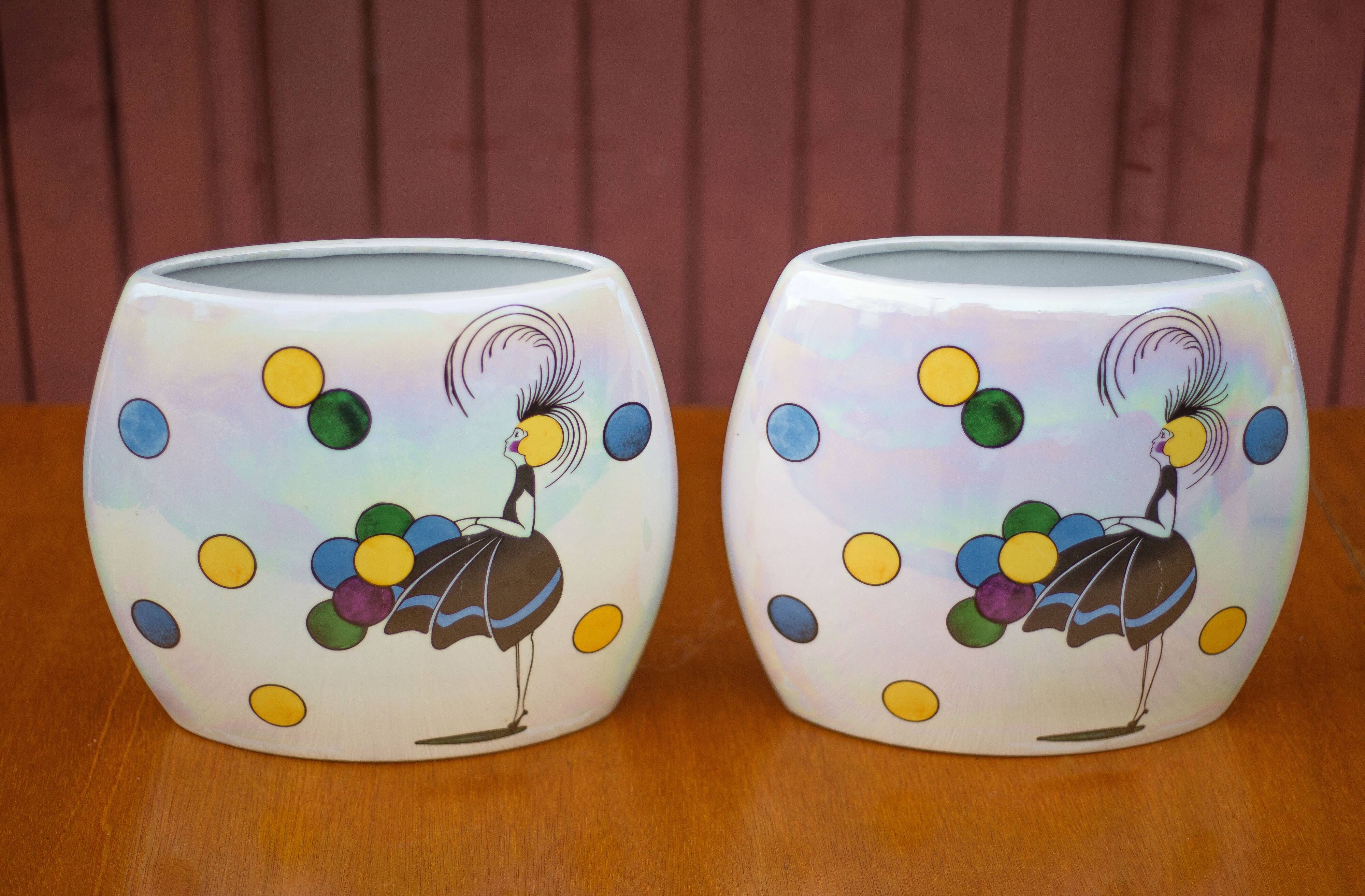 Pair of flat iridescent ceramic vase with girl motif with polychrome balloons, art deco vase, decoration
