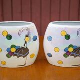 Pair of flat iridescent ceramic vase with girl motif with polychrome balloons, art deco vase, decoration