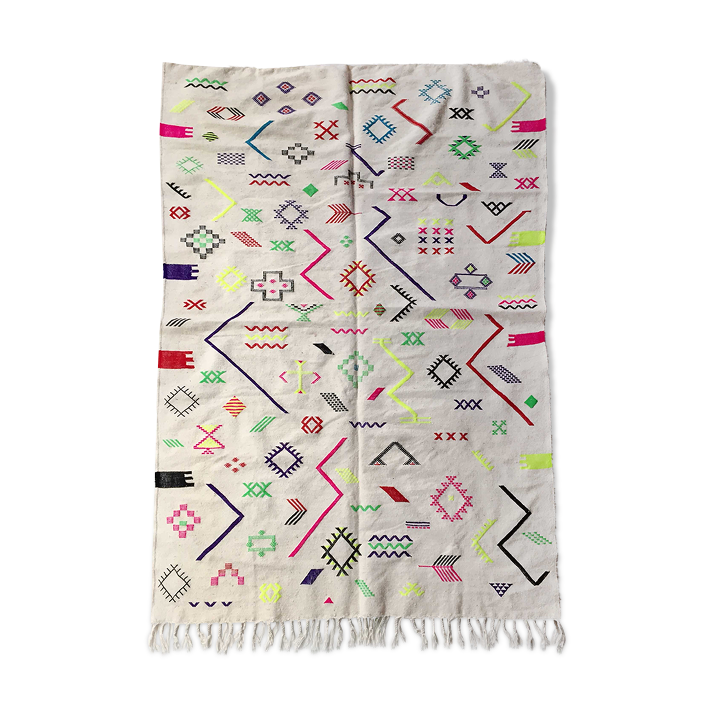 Kilim ecru carpet with colorful and fluorescent patterns 234x144cm