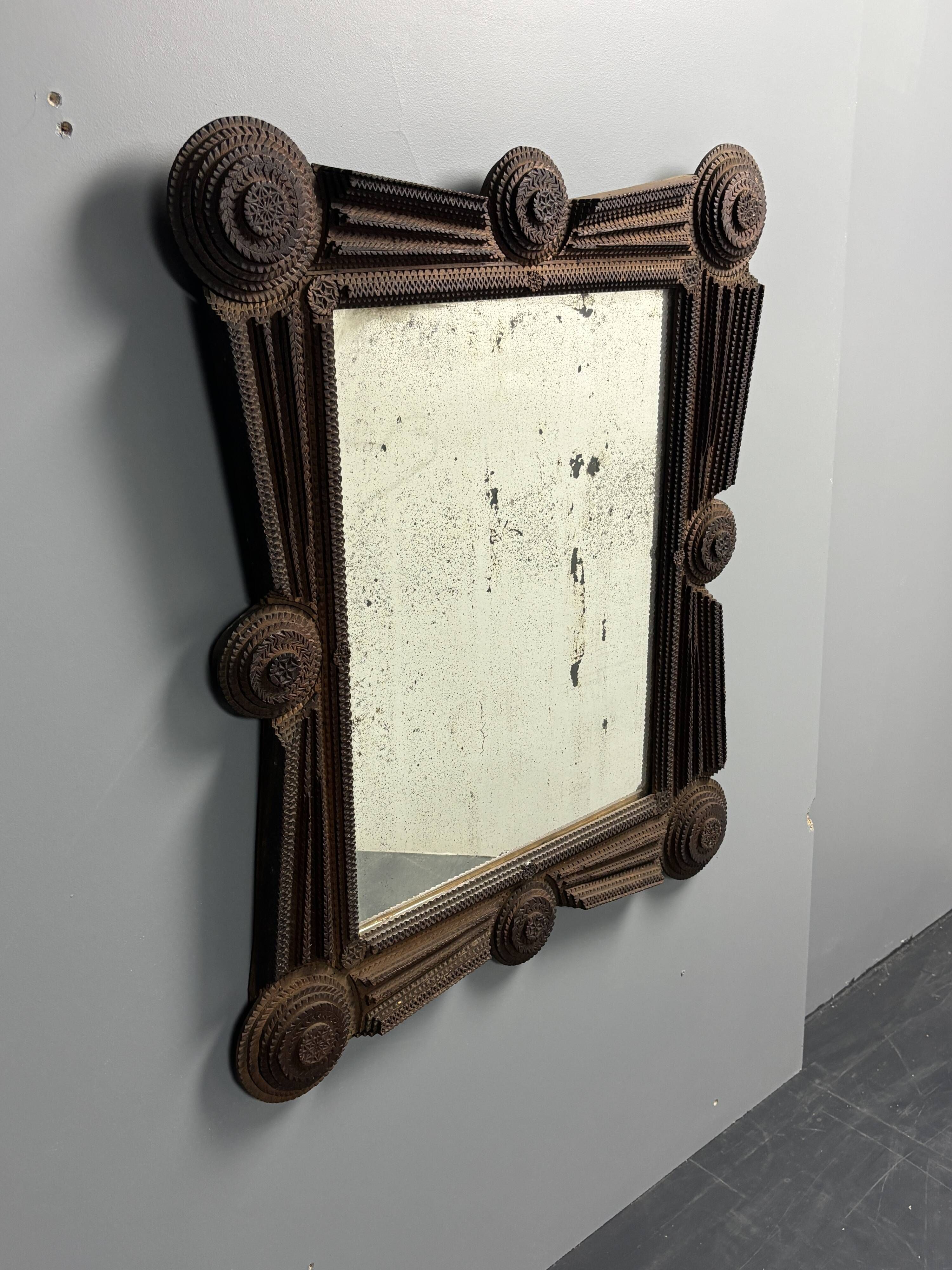 Antique tramp art folk art distressed mirror, Austria ca 1900s
