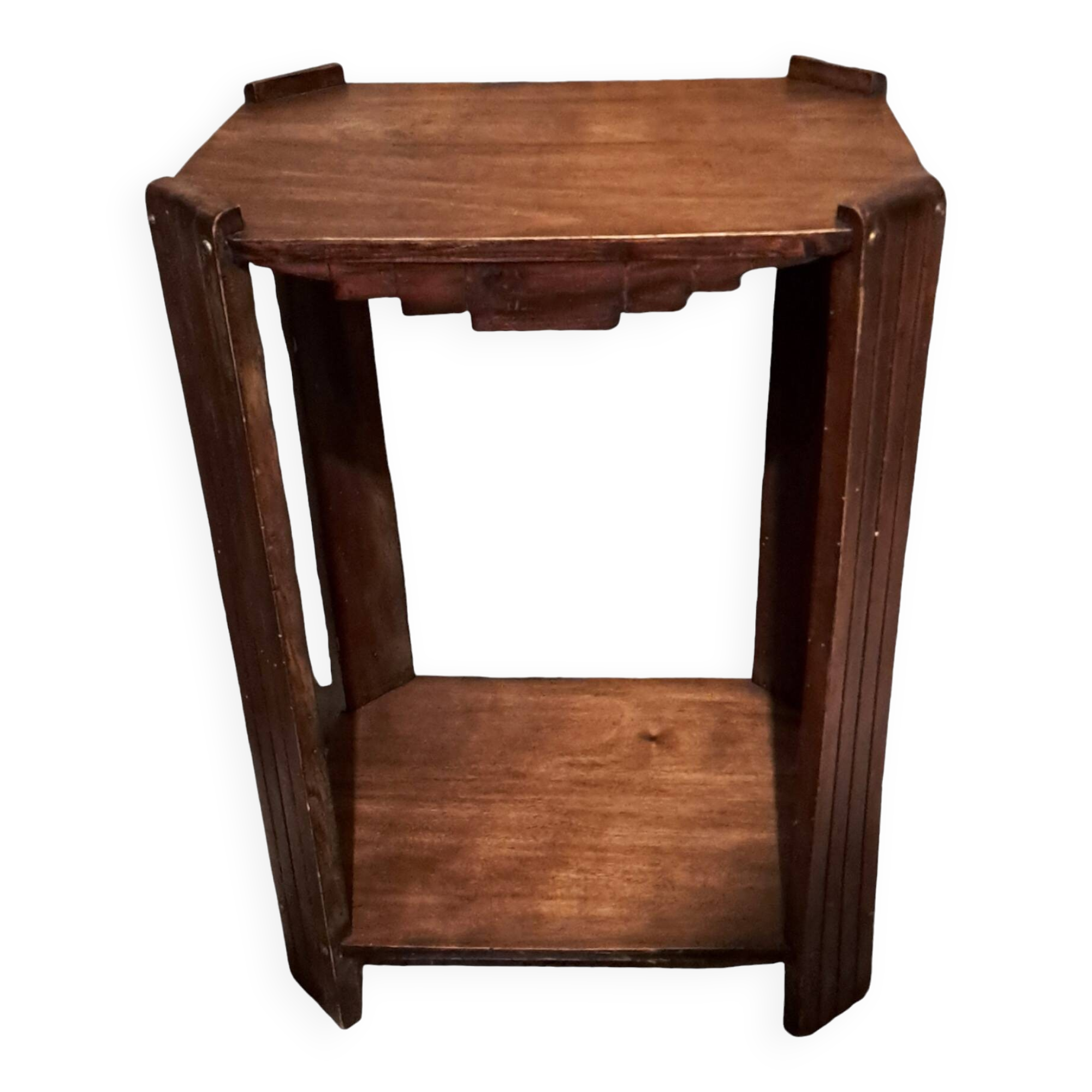 Art Deco side table in rectangular varnished brown wood with 2 shelves 1940