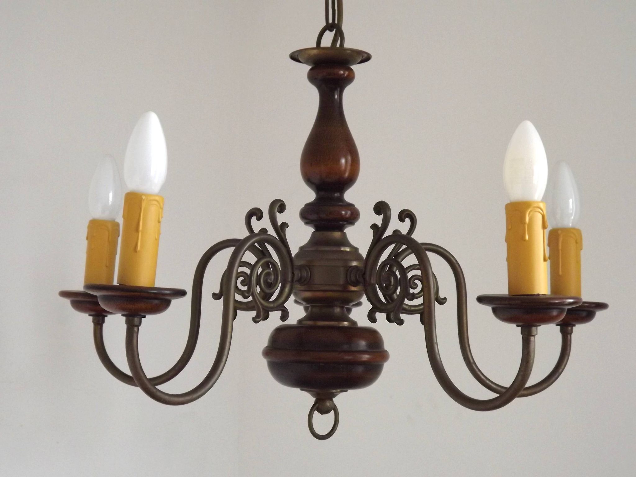 French Vintage 5 Light Mid Century Chandelier in Wood, Bronze and Metal 5525