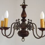 French Vintage 5 Light Mid Century Chandelier in Wood, Bronze and Metal 5525