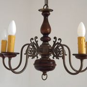 French Vintage 5 Light Mid Century Chandelier in Wood, Bronze and Metal 5525