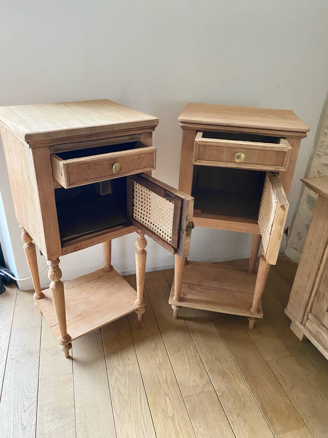 Pair of solid wood cane bedside or nightstands