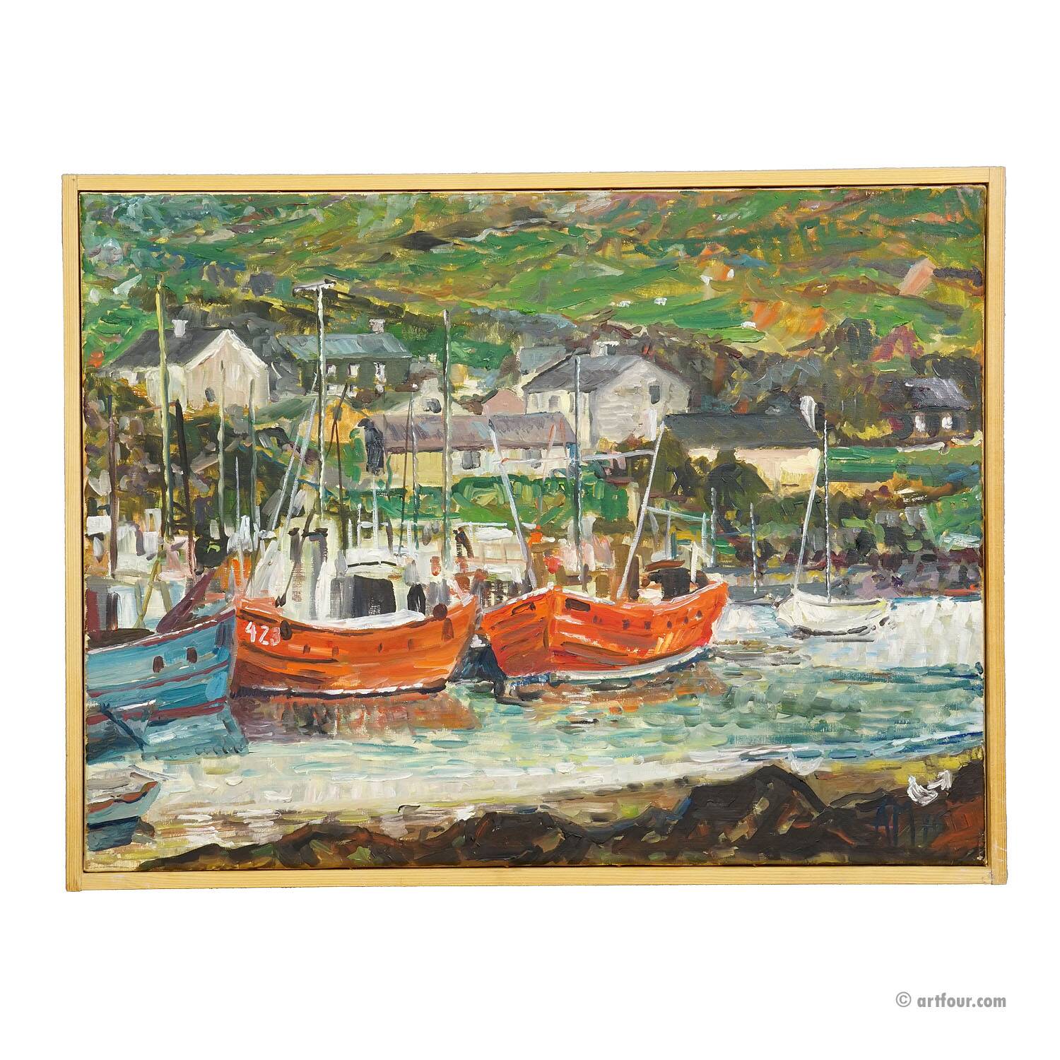 Oil painting by Alexander Michael – Fishing boats in Ireland, 1976