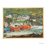 Oil painting by Alexander Michael – Fishing boats in Ireland, 1976