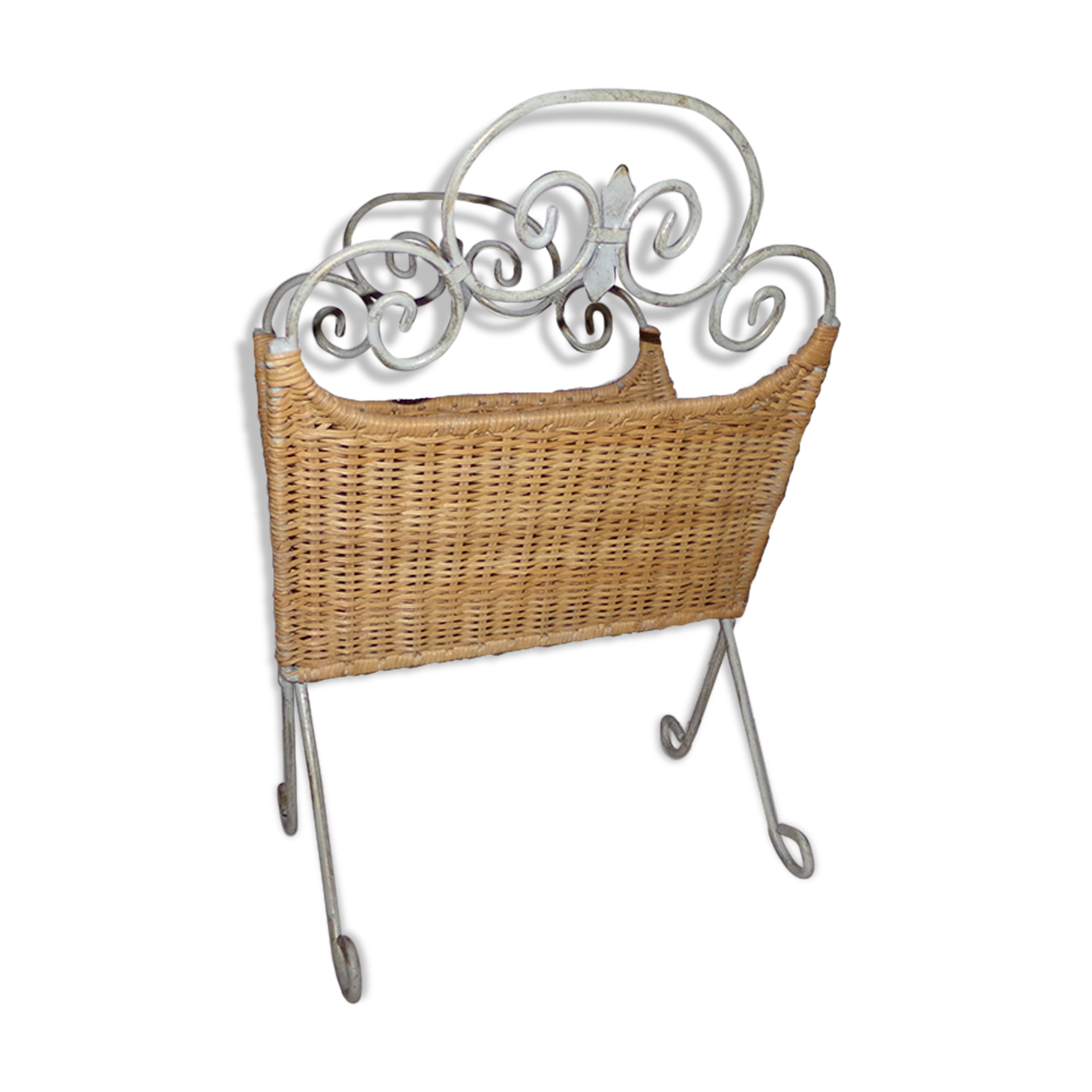 Rattan and shabby wrought iron magazine rack