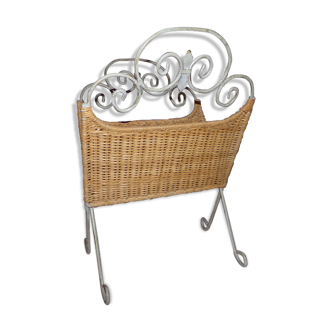 Rattan and shabby wrought iron magazine rack