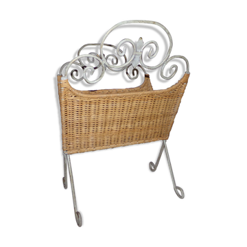 Rattan and shabby wrought iron magazine rack