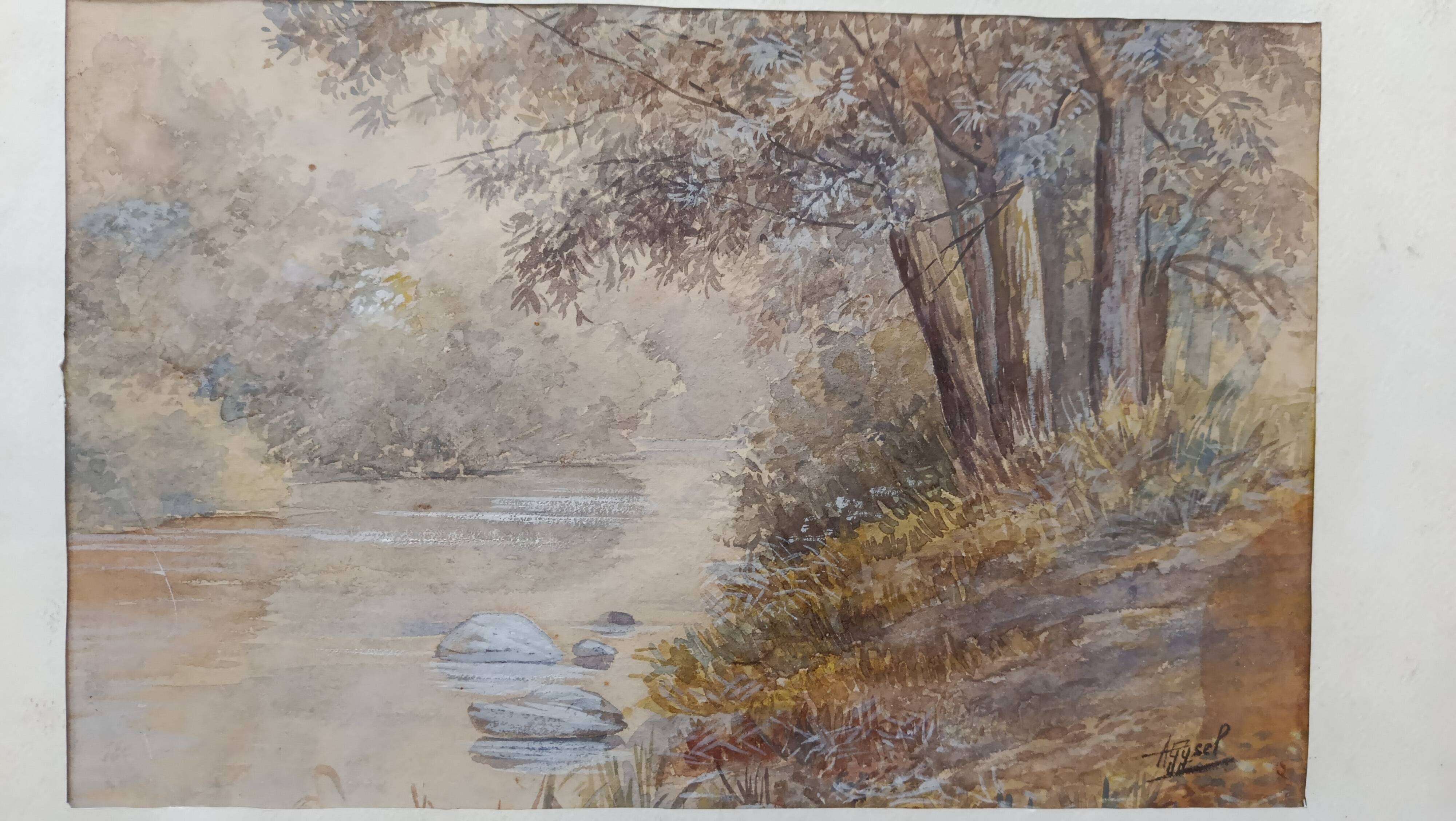WATERCOLOR 1907 by Albert GYSEL River LA BOURRE towards MOTTE AU BOIS North