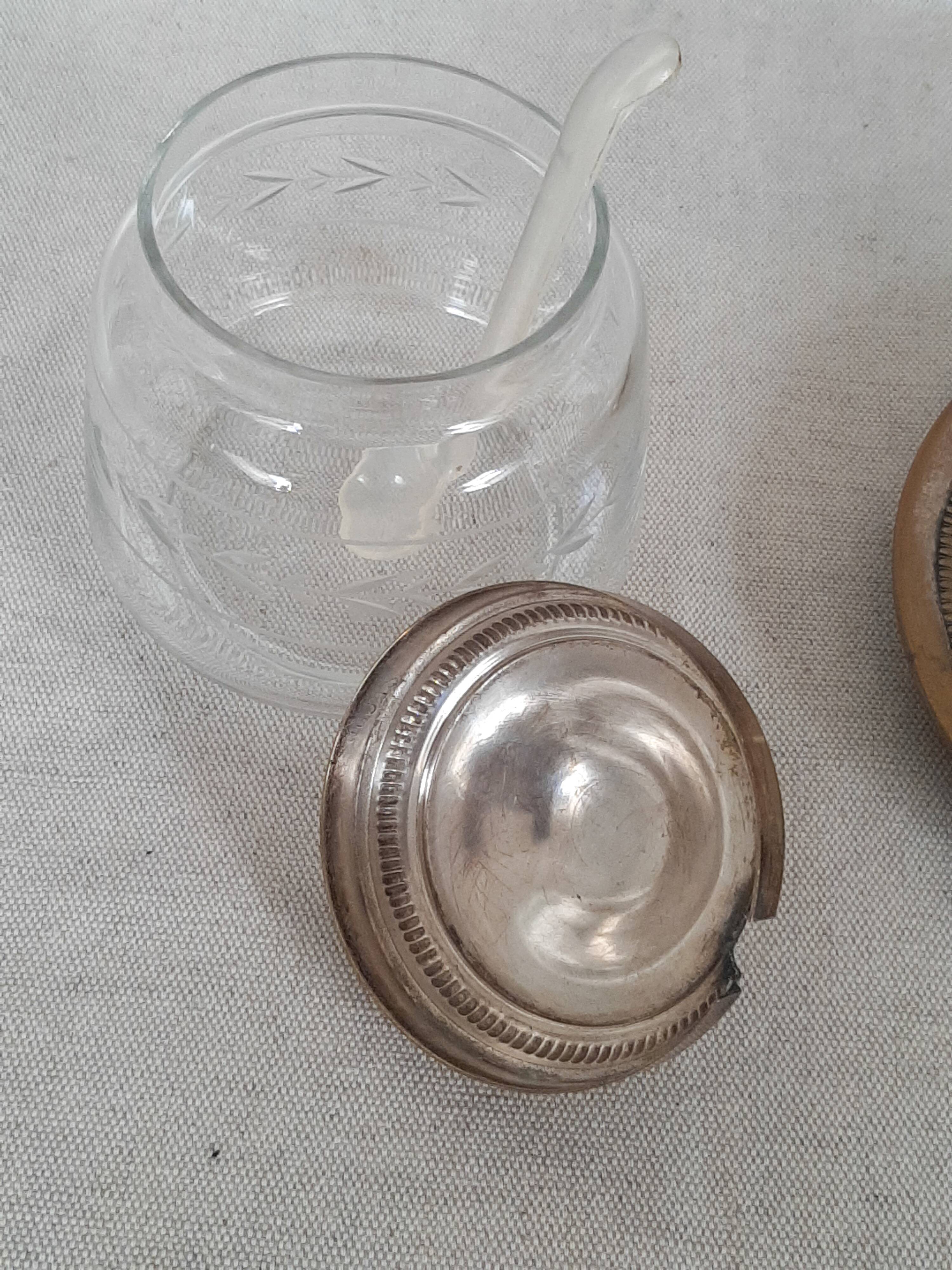 Engraved glass sugar bowl and silver-plated metal