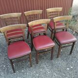 Lot de 6 chaises bistrot TON en bois courbé et assises en skaï rouge vintage.