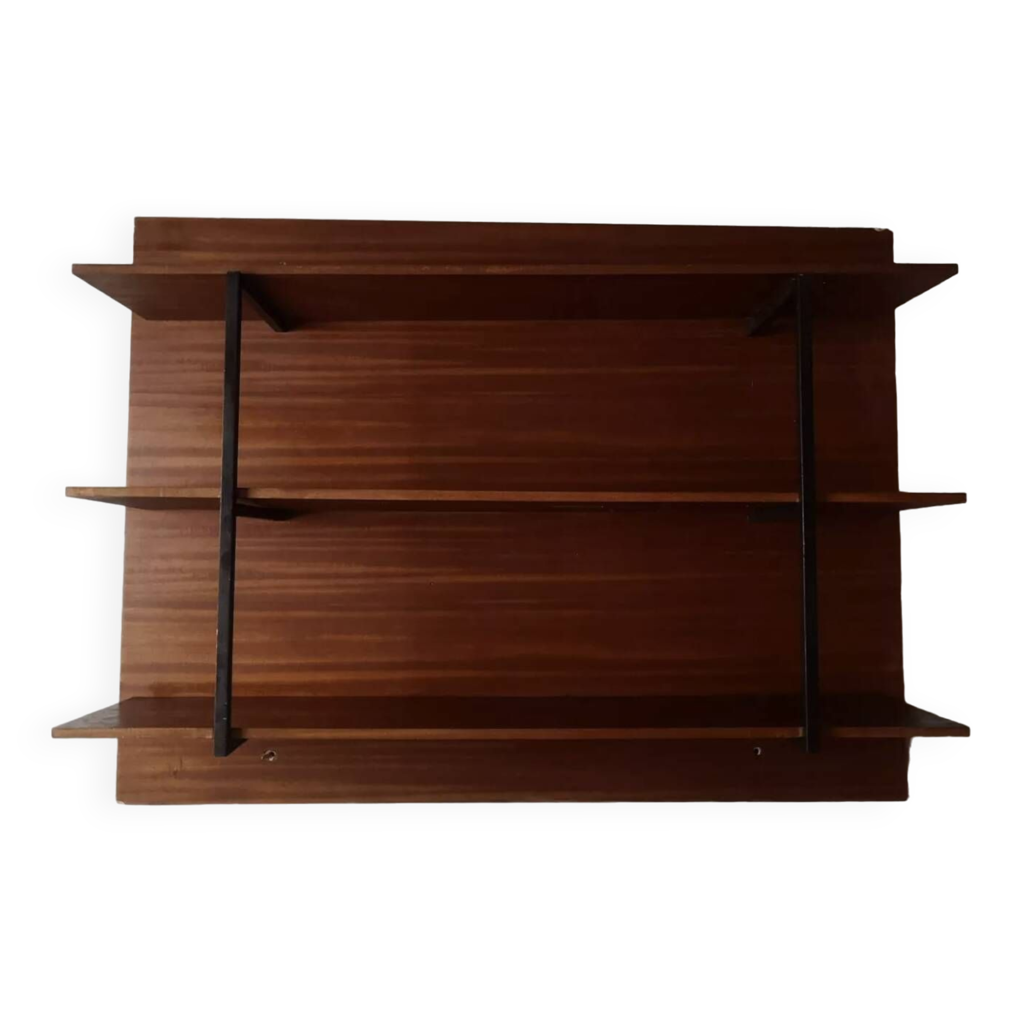 wall-mounted bookcase in wood and black metal, Scandinavian design 1970