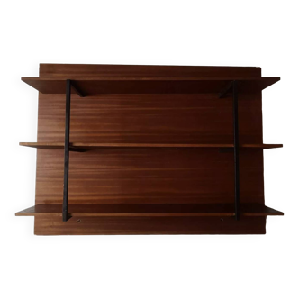 wall-mounted bookcase in wood and black metal, Scandinavian design 1970