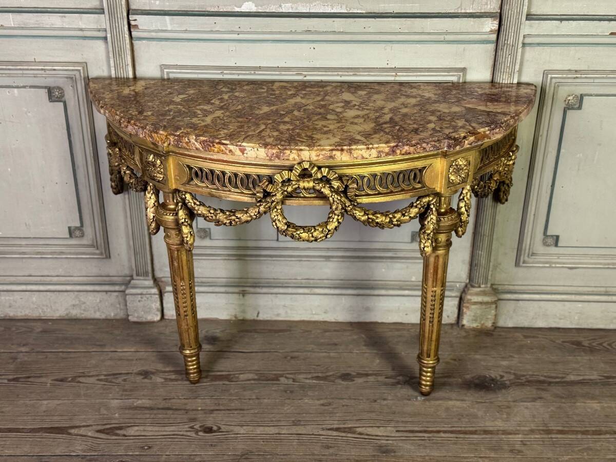 Louis XVI console table in carved and gilded wood, Jura brocatelle marble, 18th century