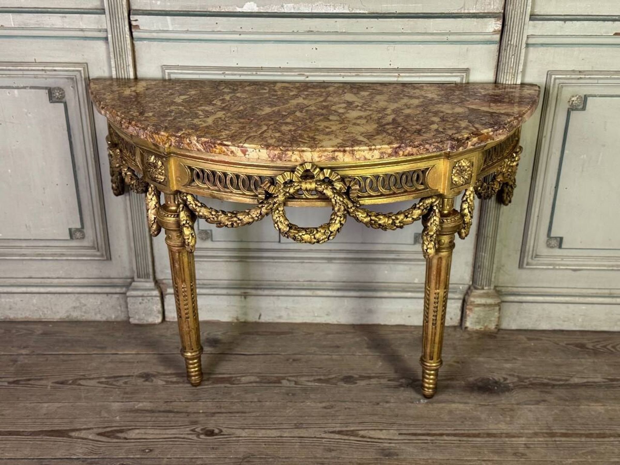 Louis XVI console table in carved and gilded wood, Jura brocatelle marble, 18th century
