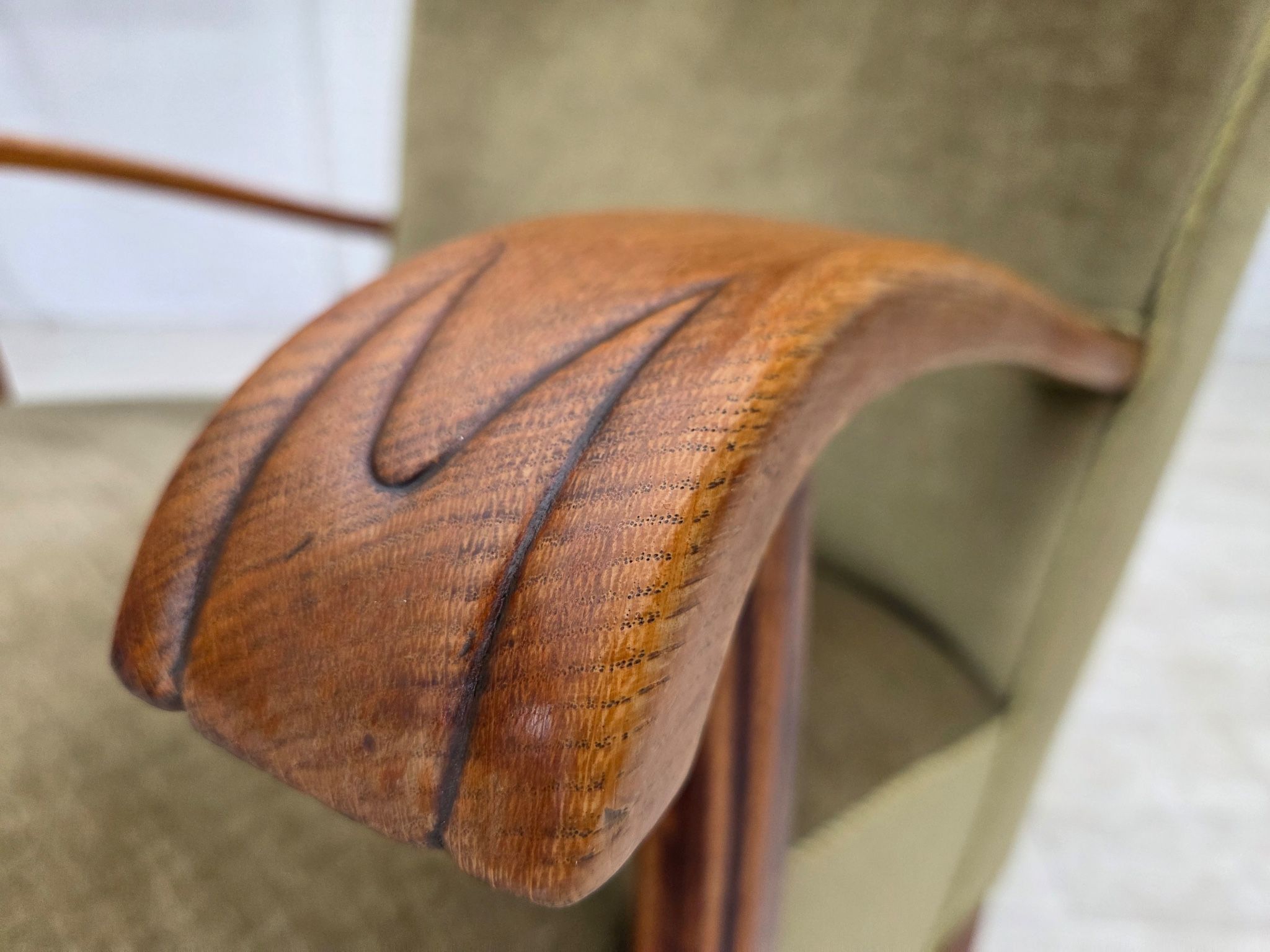 1960s, Danish highback armchair, furniture velour, oak wood.