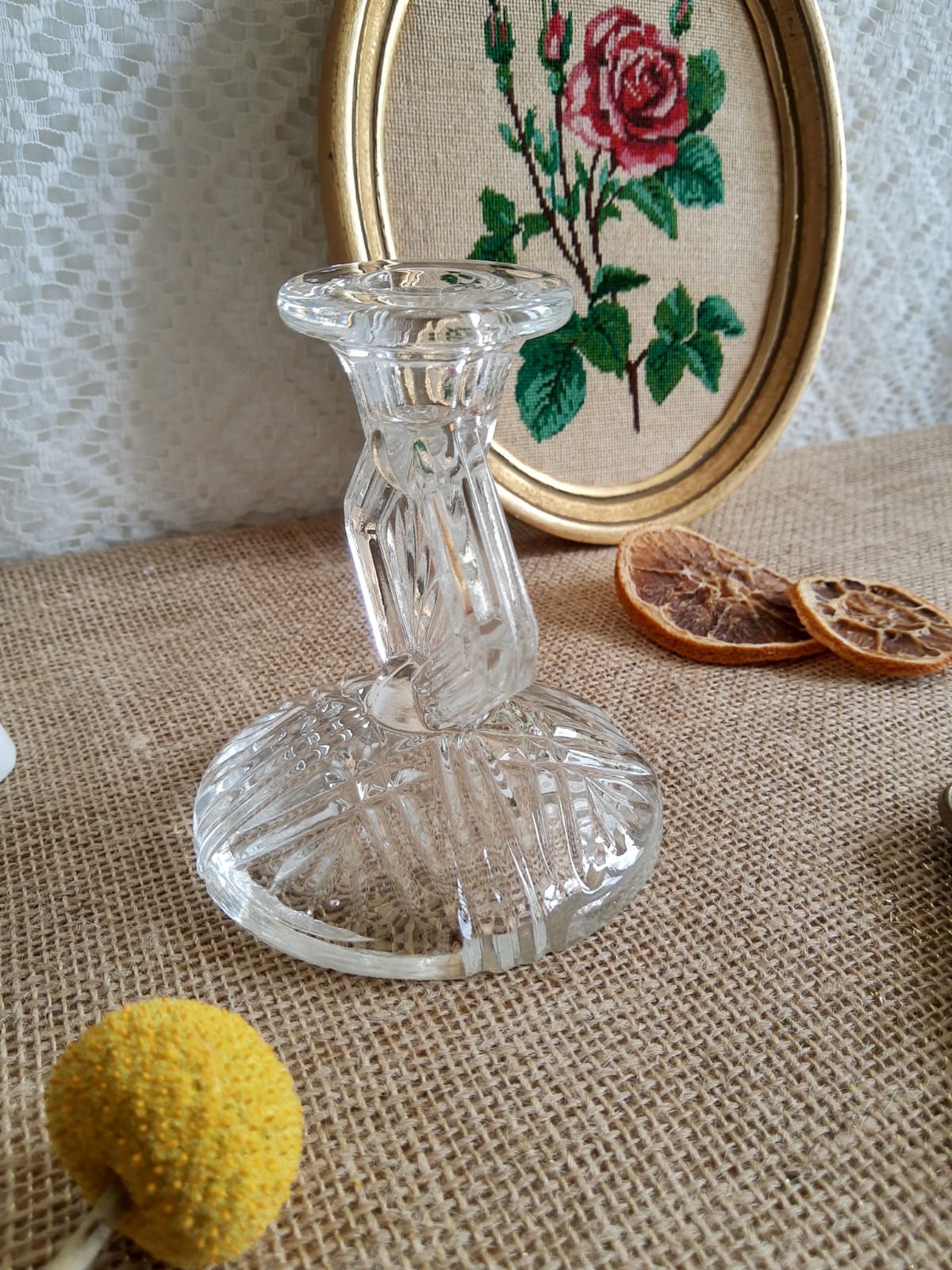 Art Deco chiseled glass candle holder - vintage