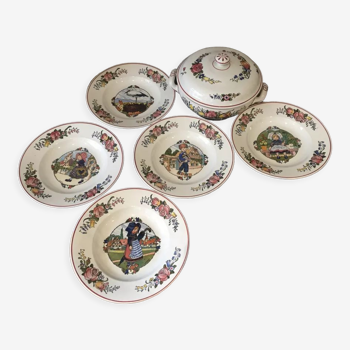 Suite de 5 assiettes creuses et une soupiere hansi faience sarreguemines