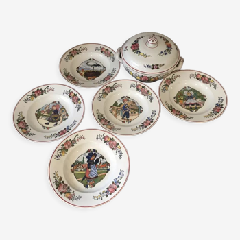 Suite of 5 hollow plates and a soupiere hansi faience sarreguemines