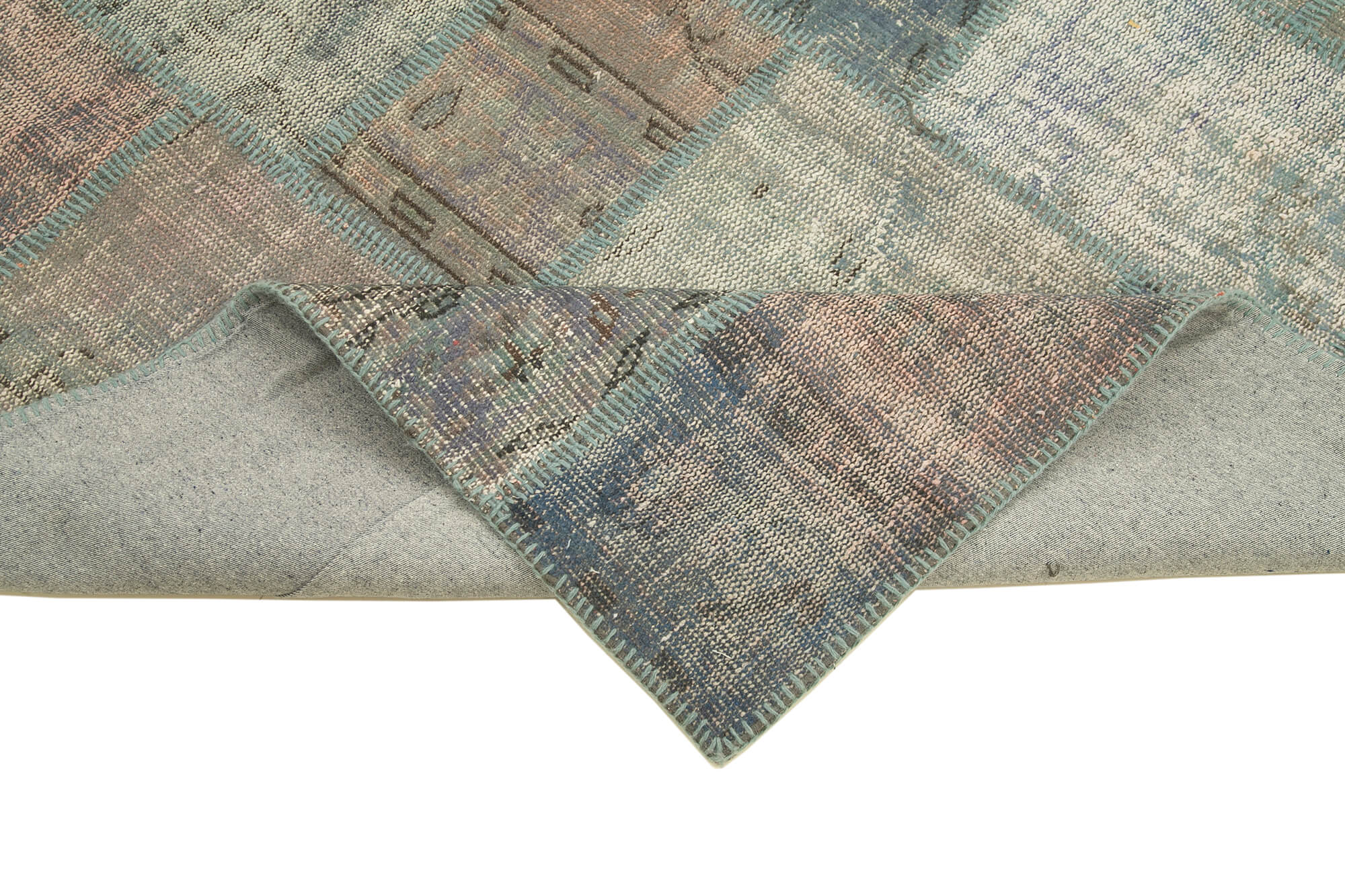 Handmade anatolian overdyed 177 cm x 246 cm blue patchwork carpet