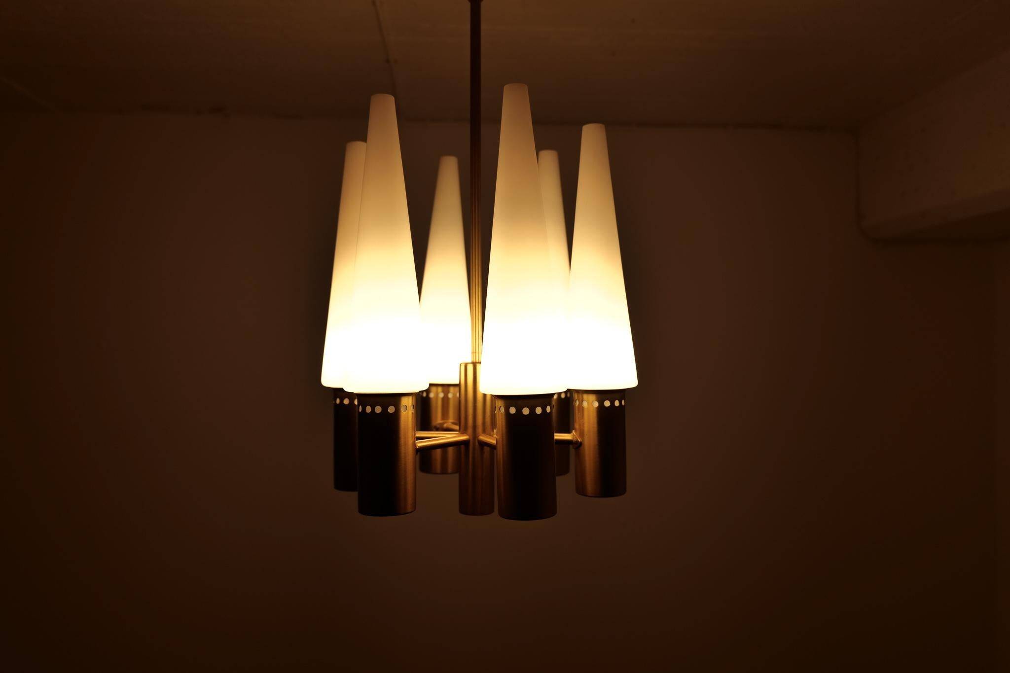 Midcentury brass and opaline ceiling lamp by Hans-Agne Jakobsson, Sweden, 1950s.