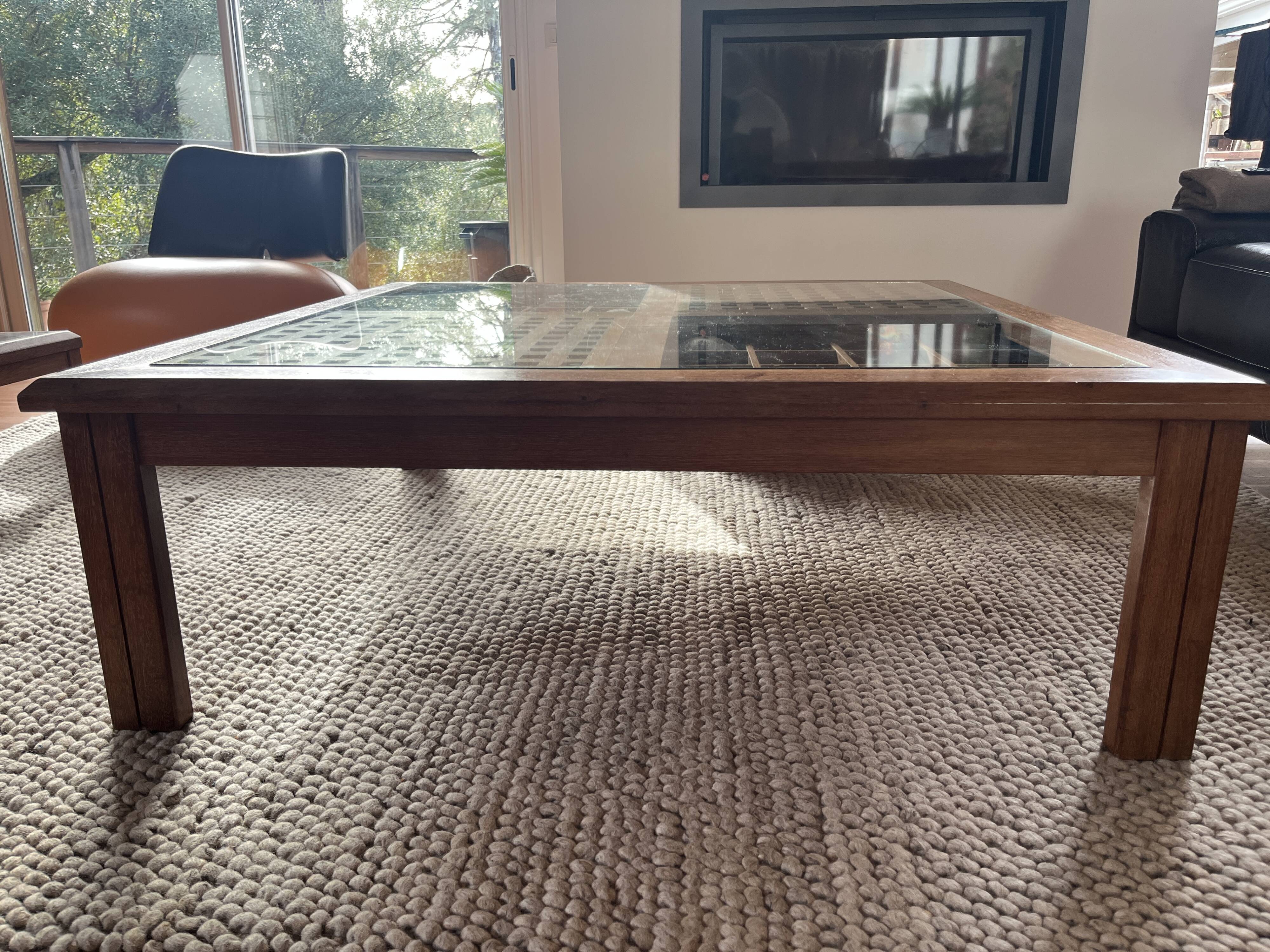 Large handcrafted coffee table in exotic wood + nesting tables.