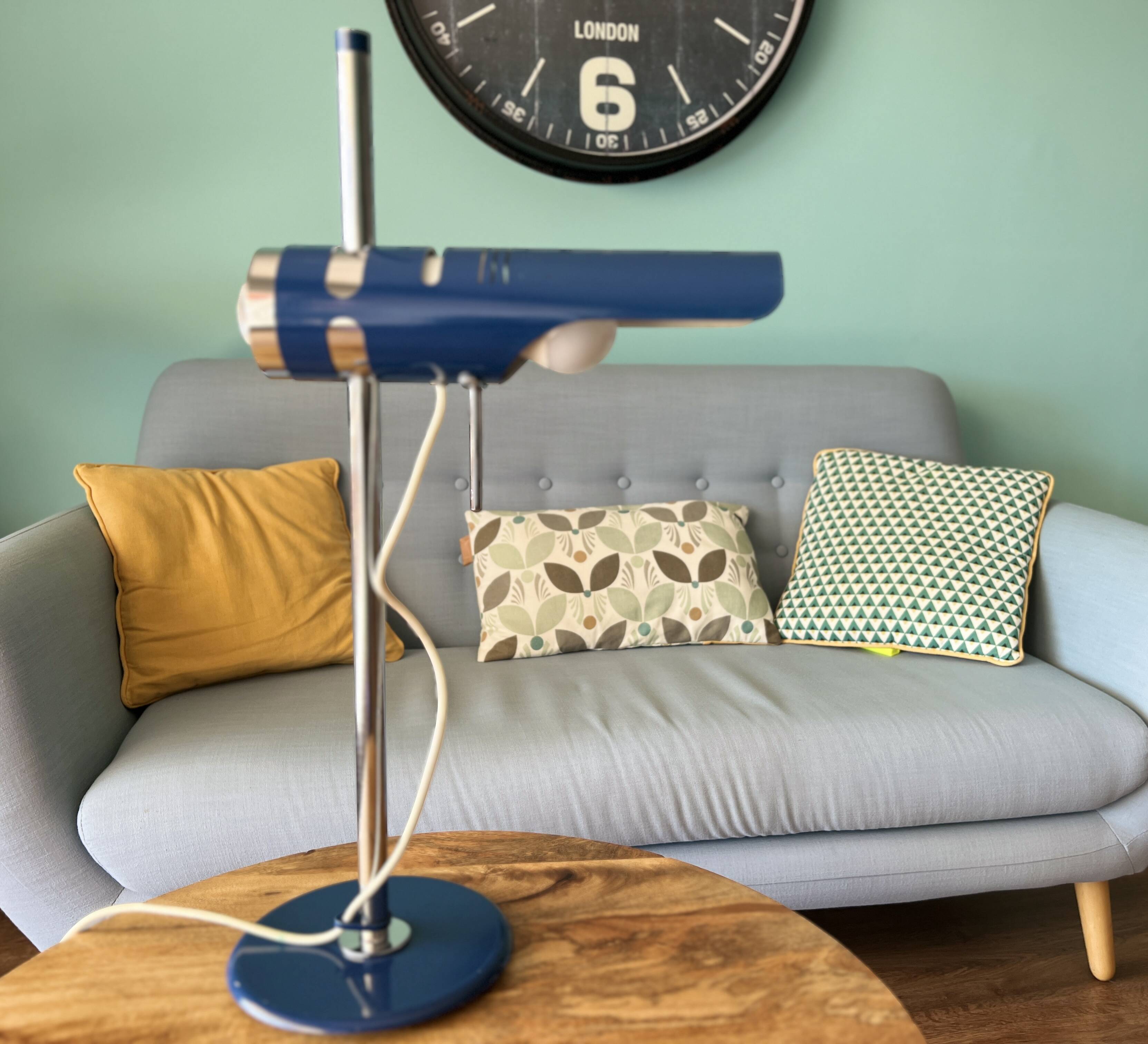 Retro Table Lamp from the 1970s: Articulated Arm, Swivel Shade, Electric Blue Enamel for space age d