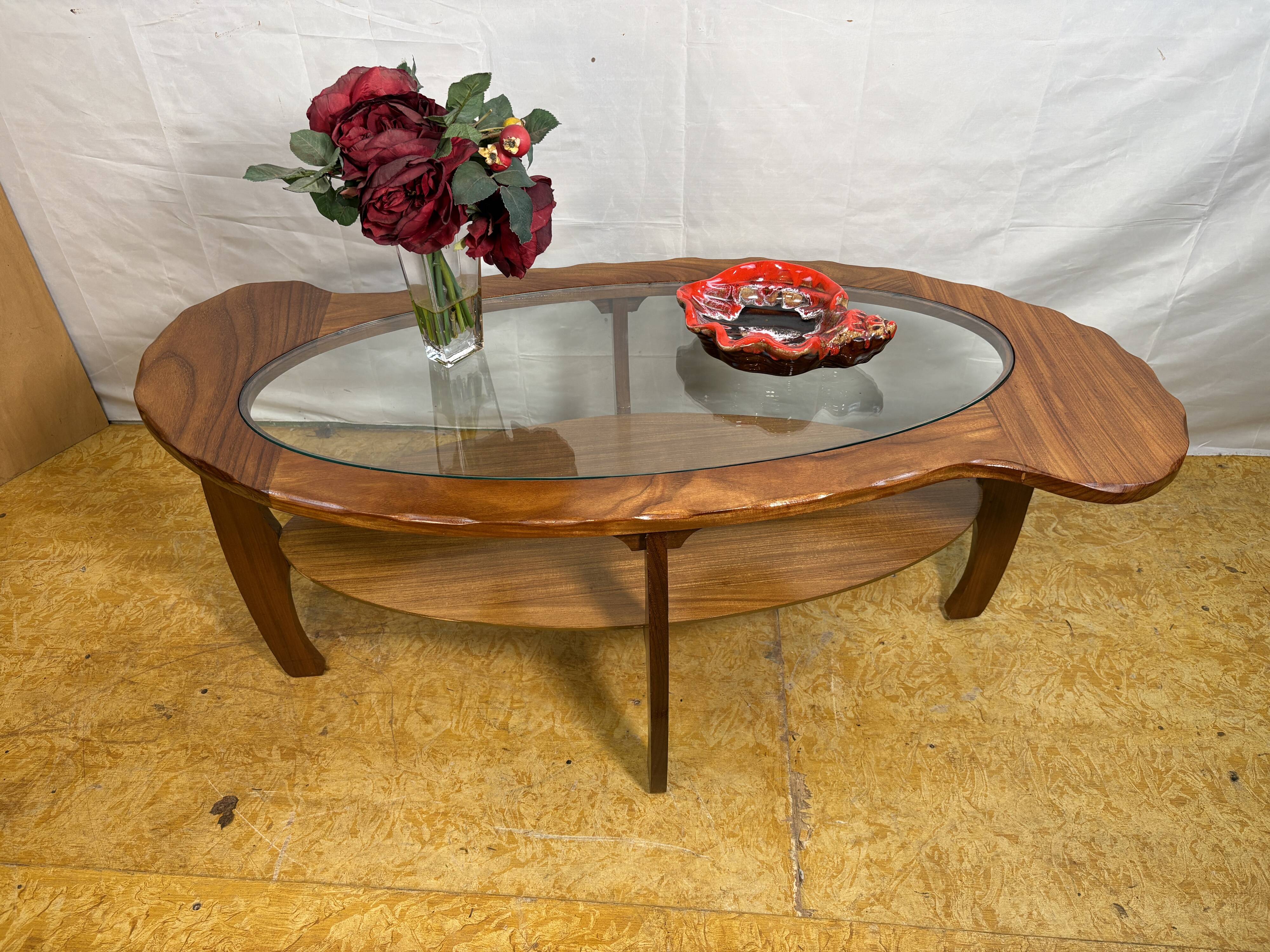 Mid-Century Retro Vintage Teak & Glass Coffee Table 1960  Organic Sculptura